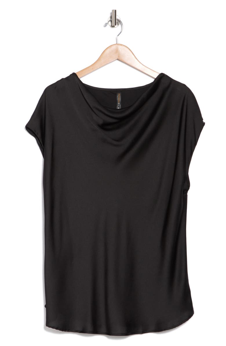 Renee C Cowl Neck Short Sleeve Satin Top, Alternate, color, Black