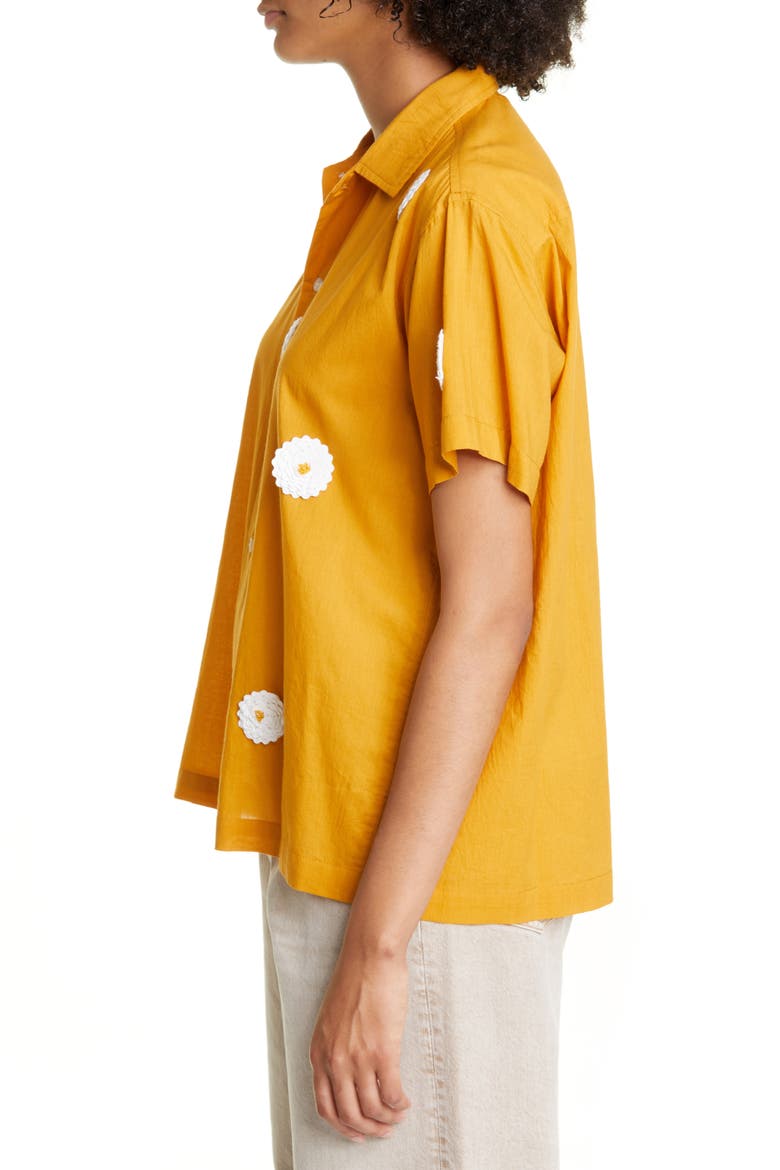 Daisy Rickrack Short Sleeve Cotton Button-Up Shirt, Alternate, color, MARIGOLD