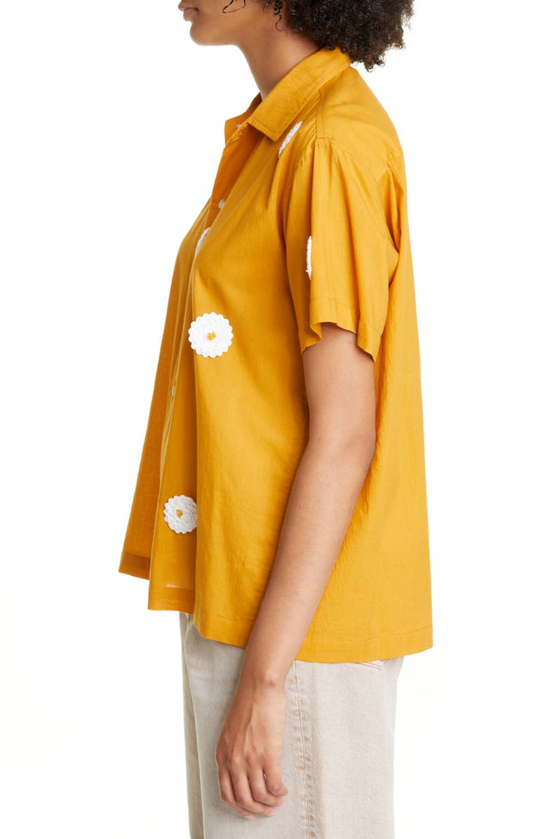 Bode Daisy Rickrack Short Sleeve Cotton Button-Up Shirt, Alternate, color,