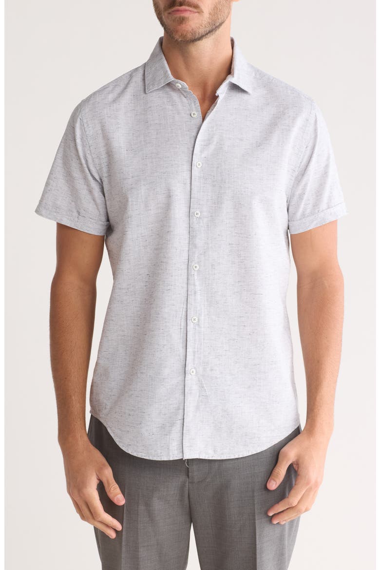 Mélange Short Sleeve Button-Up Shirt, Main, color, GREY