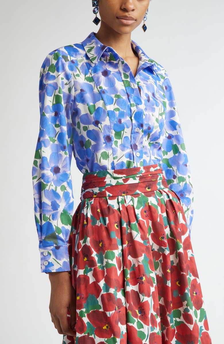 Carolina Herrera Floral Stretch Cotton Button-Up Shirt, Alternate, color, 