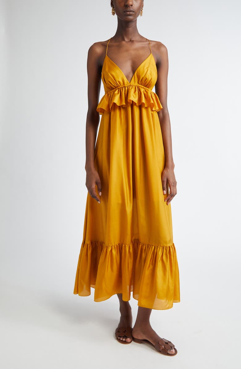 Zimmermann Rhiannon Tiered Ruffle Peplum Silk Maxi Dress, Main, color, Gold