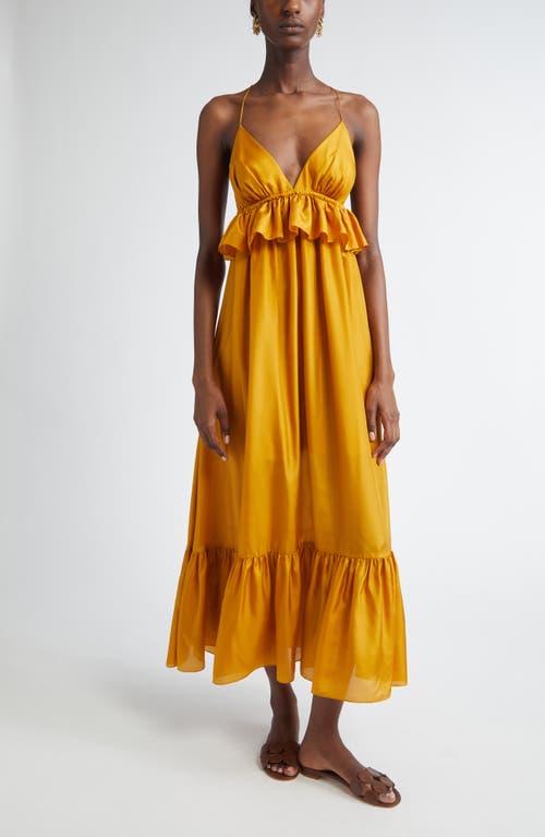 Zimmermann Rhiannon Tiered Ruffle Peplum Silk Maxi Dress In Gold