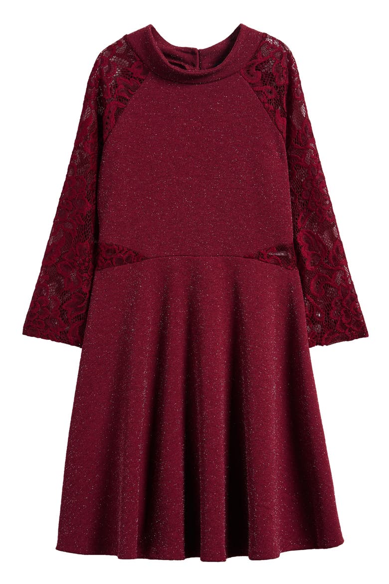 Kids' Lacy Long Sleeve Skater Dress, Main, color, RED