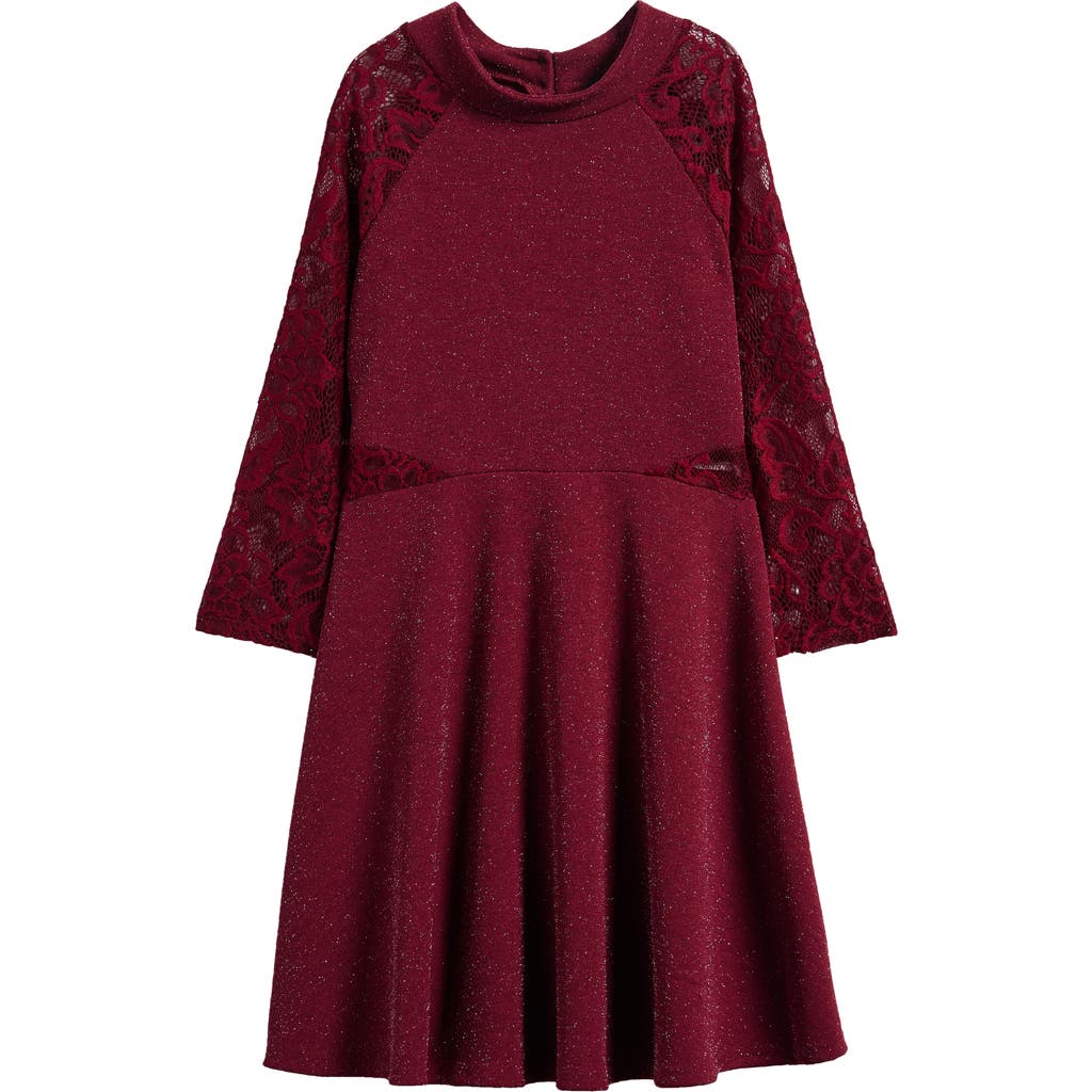 Ava & Yelly Kids' Lacy Long Sleeve Skater Dress In Red