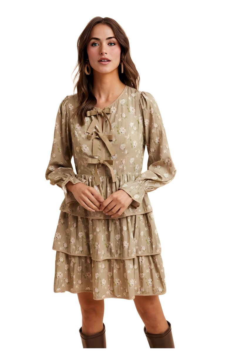 Knit and Lounge Floral Tiered Mini Dress with Bow Detail, Alternate, color, Taupe Floral