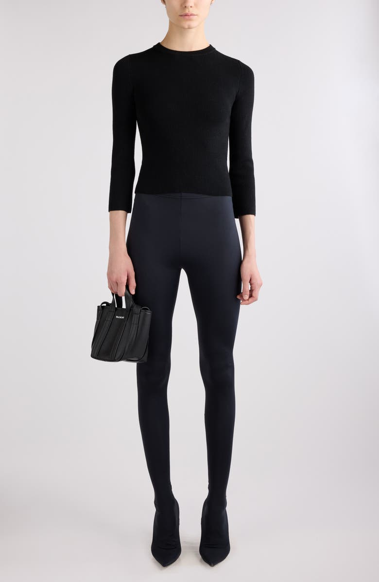 Balenciaga Open Stitch Logo Rib Wool Blend Crop Sweater, Alternate, color, Black