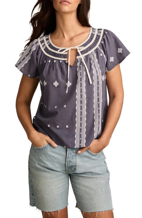 Geo Embroidered Short Sleeve Cotton Peasant Top