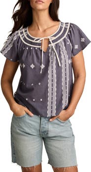 Lucky Brand Geo Embroidered Short Sleeve Cotton Peasant Top