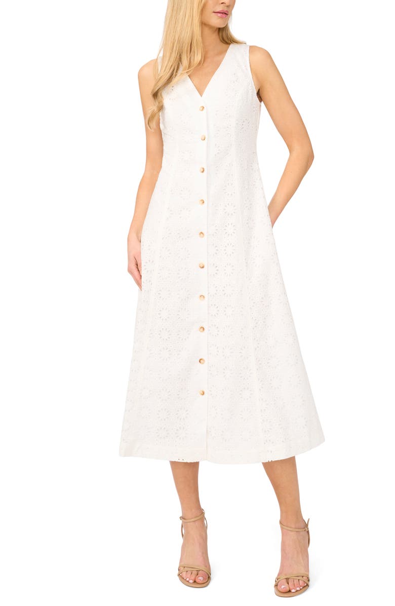 CeCe Sleeveless Cotton Eyelet Midi Dress, Main, color, Ultra White