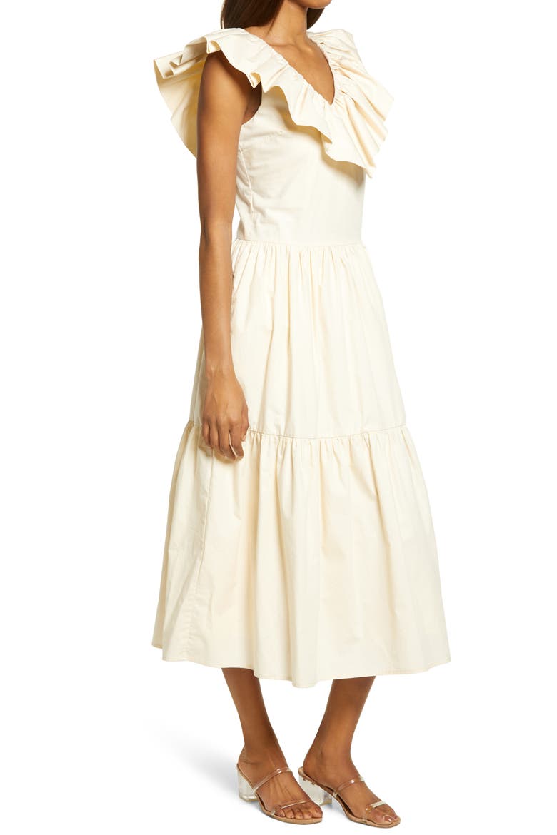 Ruffle V-Neck Cotton Dress, Alternate, color, BEIGE