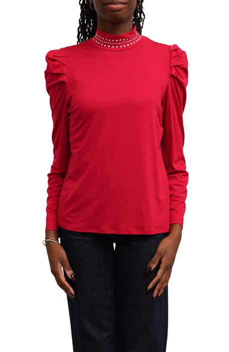 Studded Mock Neck Puff Sleeve Top