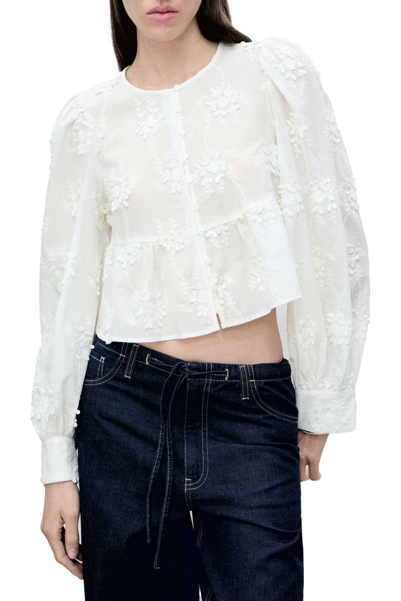 Floral Embroidered Cotton Peplum Button-Up Shirt, Main, color, OFF WHITE