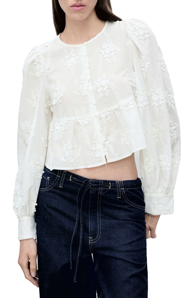 MANGO Floral Embroidered Cotton Peplum Button-Up Shirt, Main, color, Off White