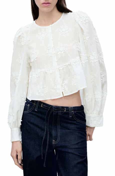 MANGO Floral Embroidered Cotton Peplum Button-Up Shirt