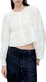 MANGO Floral Embroidered Cotton Peplum Button-Up Shirt