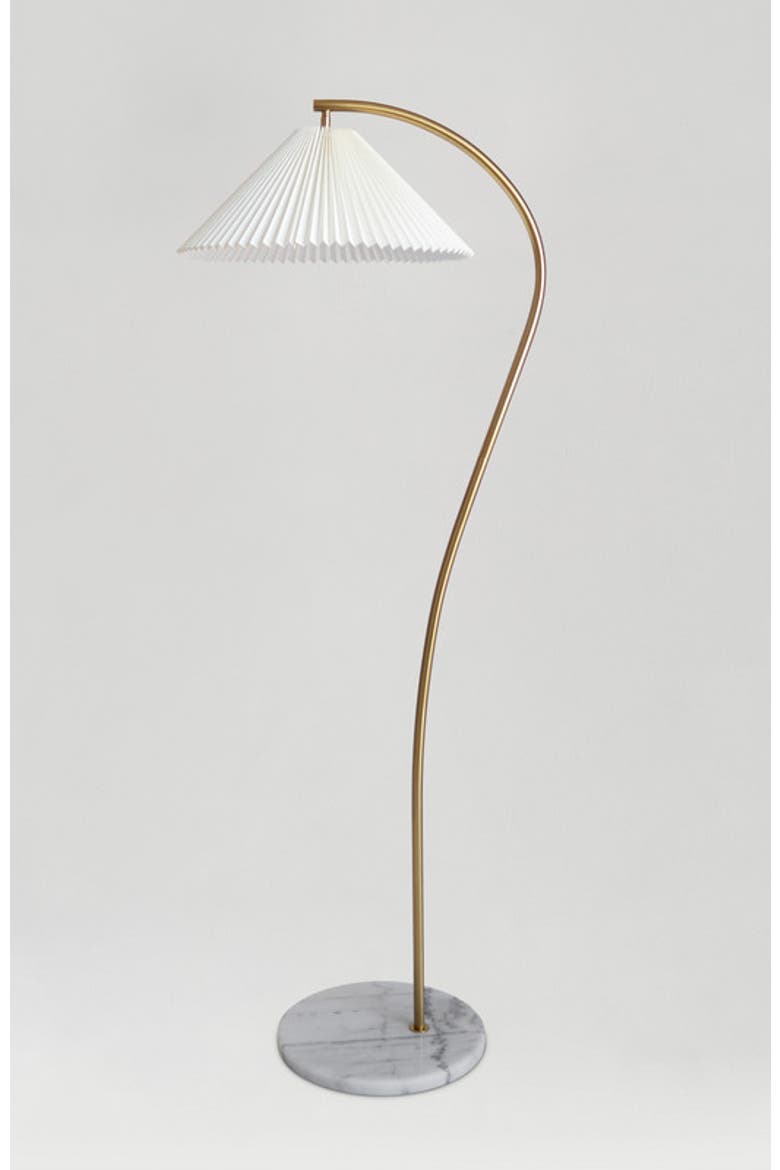 Athena 62" Gold LED Floor Lamp with Marble Base and Pleated Fabric Shade, Bulb Included, Main, color, Antique brass