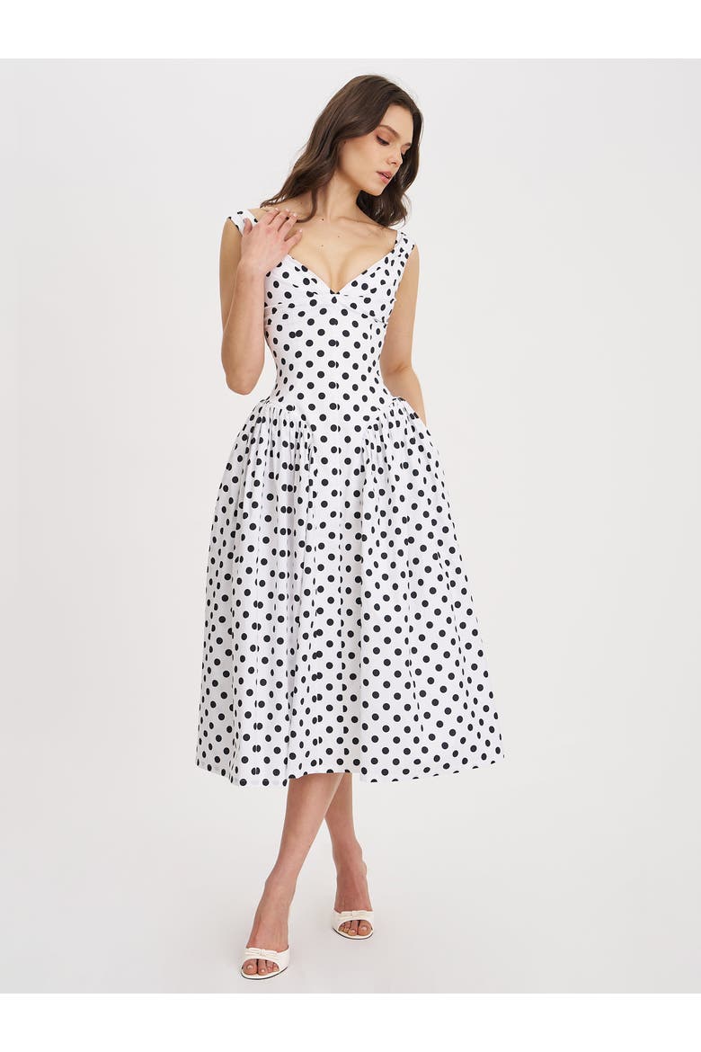 Rahma Polka Dot Drop Waist Midi Cotton Poplin Dress, Alternate, color, White with polka dot print