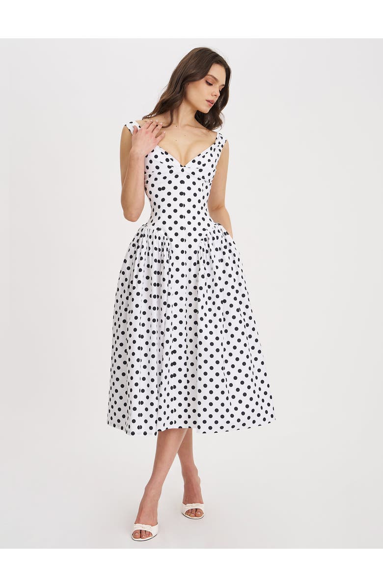 Miss Circle Rahma Polka Dot Drop Waist Midi Cotton Poplin Dress, Alternate, color, White With Polka Dot Print