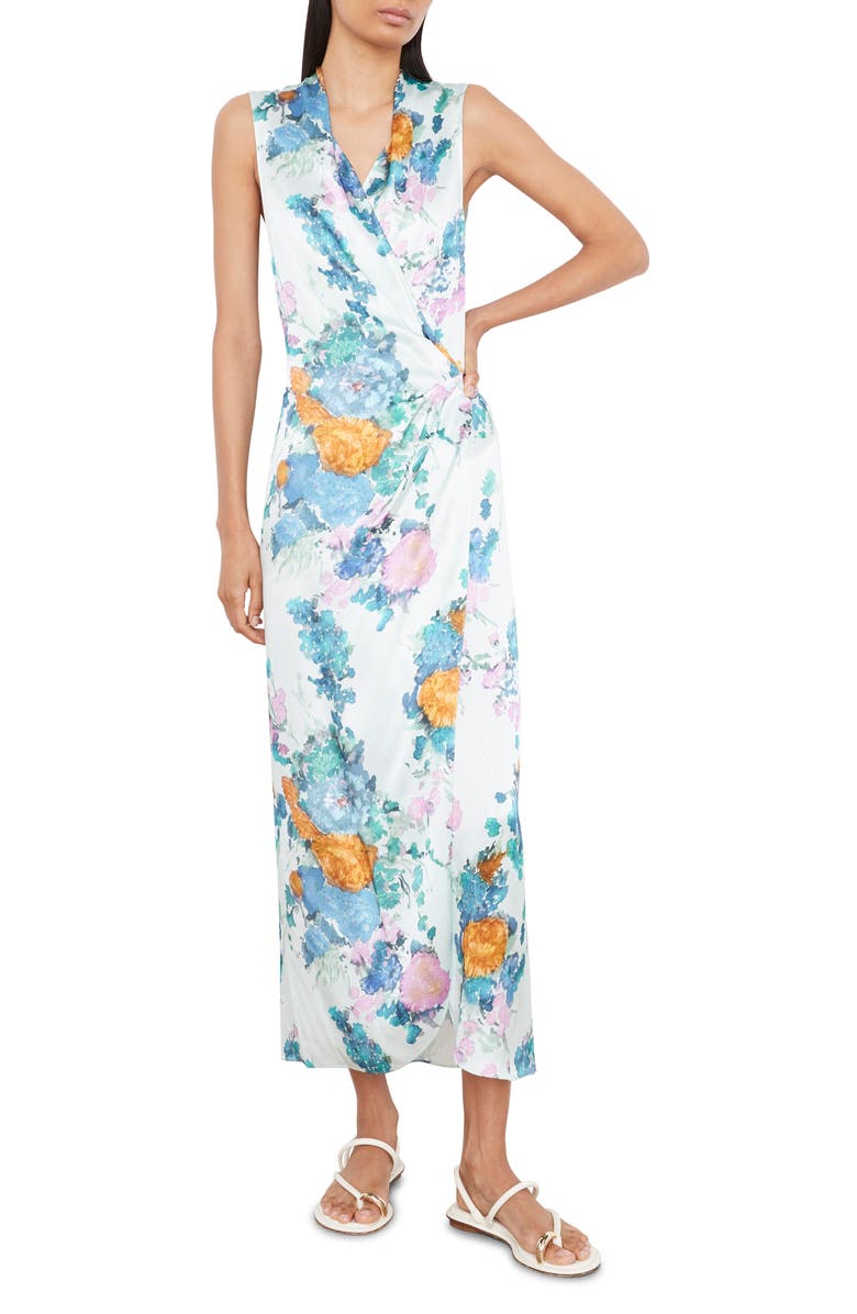Vince Painted Bouquet Sleeveless Satin Wrap Dress, Main, color,