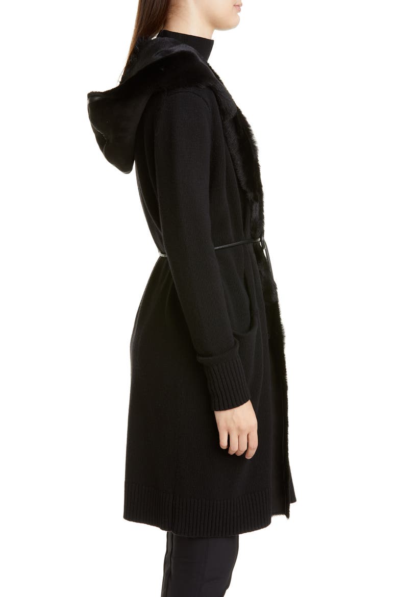Wool & Cashmere Cardigan with Genuine Shearling Trim, Alternate, color, BLACK