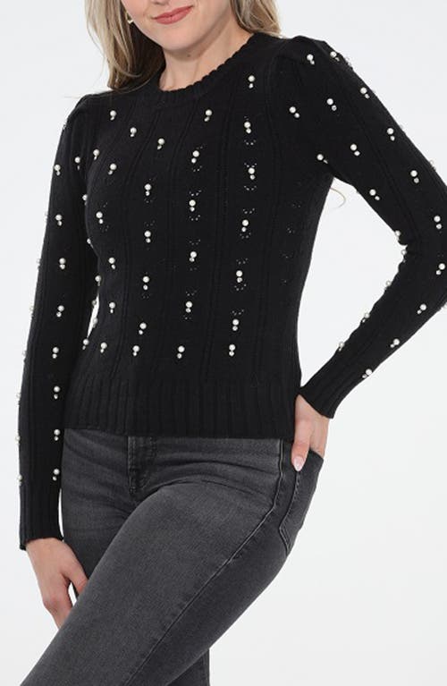 Rain And Rose Faux Pearl Cotton Blend Pointelle Sweater In Black