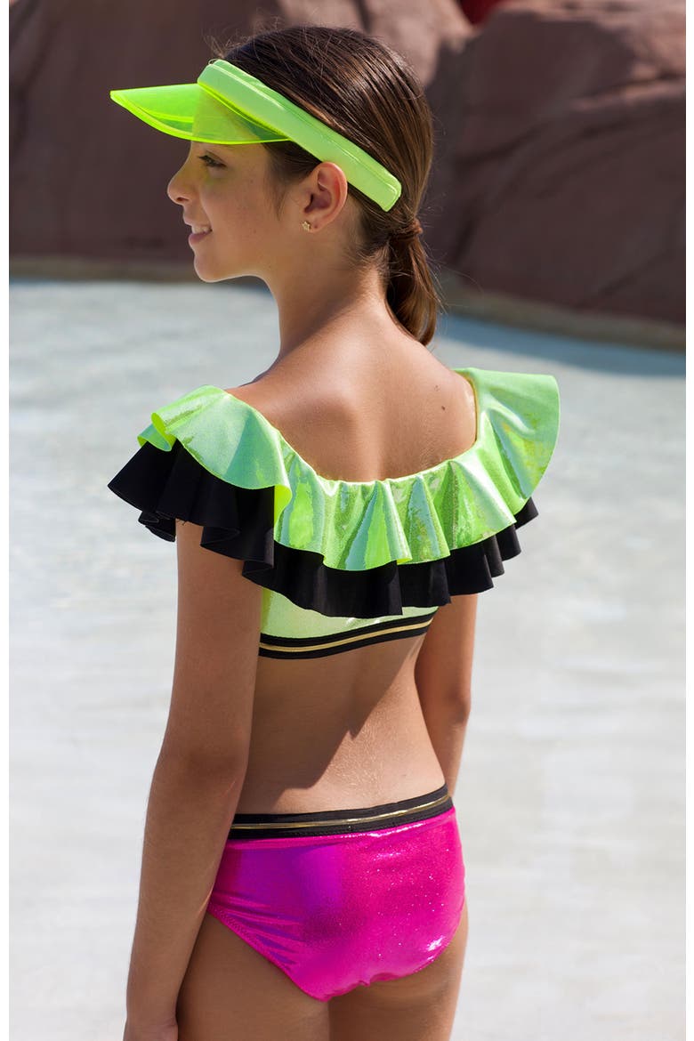 Shimmer Off-Shoulder Ruffle Two-Piece Bikini, Little Kid-Big Kid, Alternate, color, Green