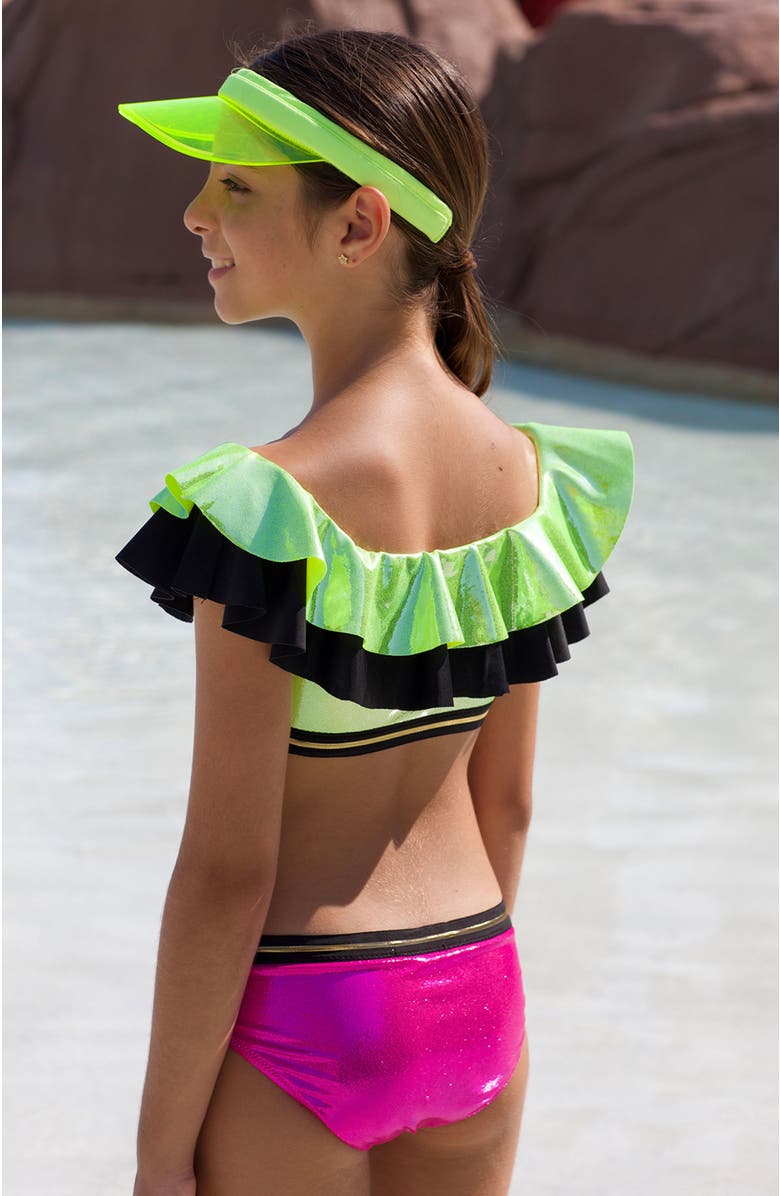 NESSI BYRD Shimmer Off-Shoulder Ruffle Two-Piece Bikini, Little Kid-Big Kid, Alternate, color, Green