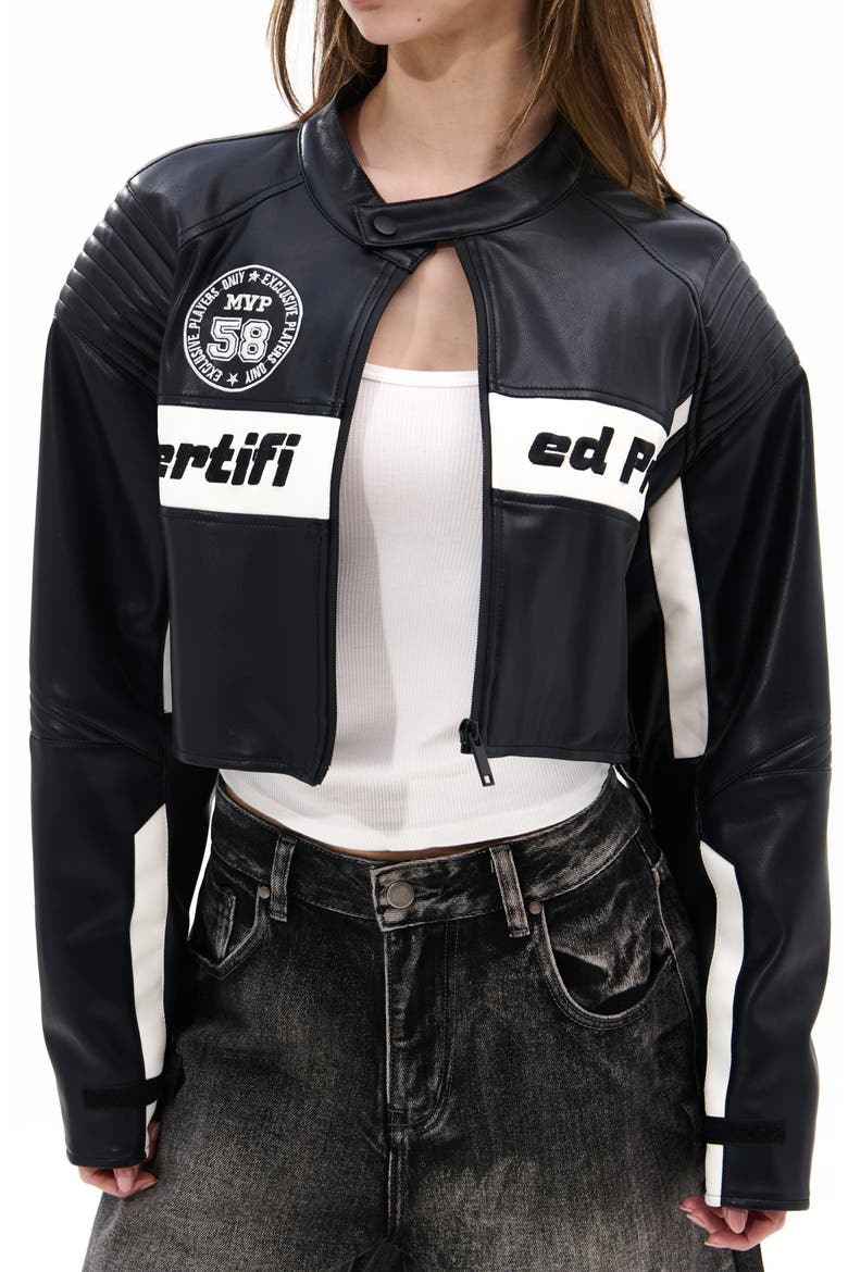 Crop Faux Leather Racing Jacket, Alternate, color, BLACK
