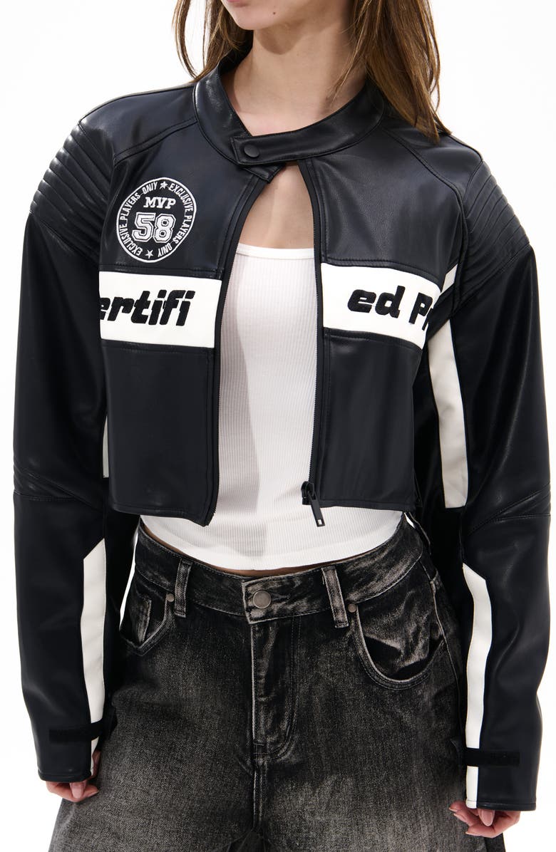 AZALEA WANG Crop Faux Leather Racing Jacket, Alternate, color, Black