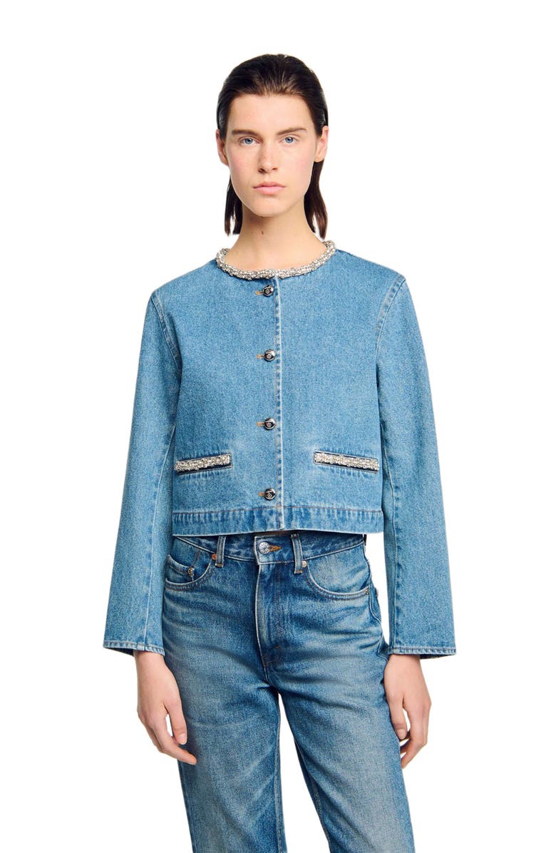 SANDRO Rhinestone denim jacket, Alternate, color, Blue Jean