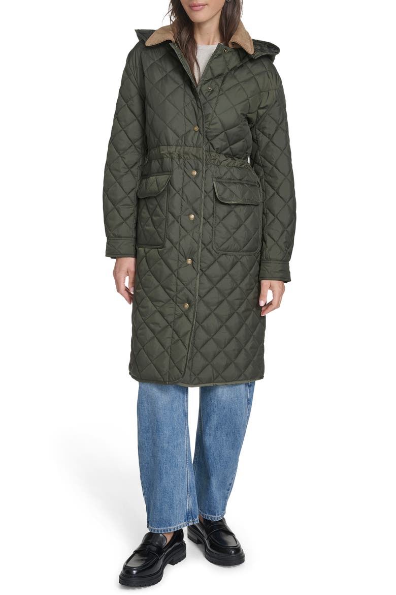Diamond Quilted Hooded Long Coat, Main, color, OLIVE