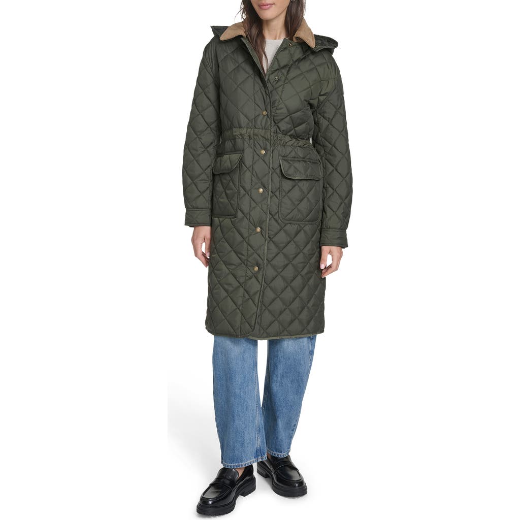 Levi's Diamond Quilted Hooded Long Coat In Green