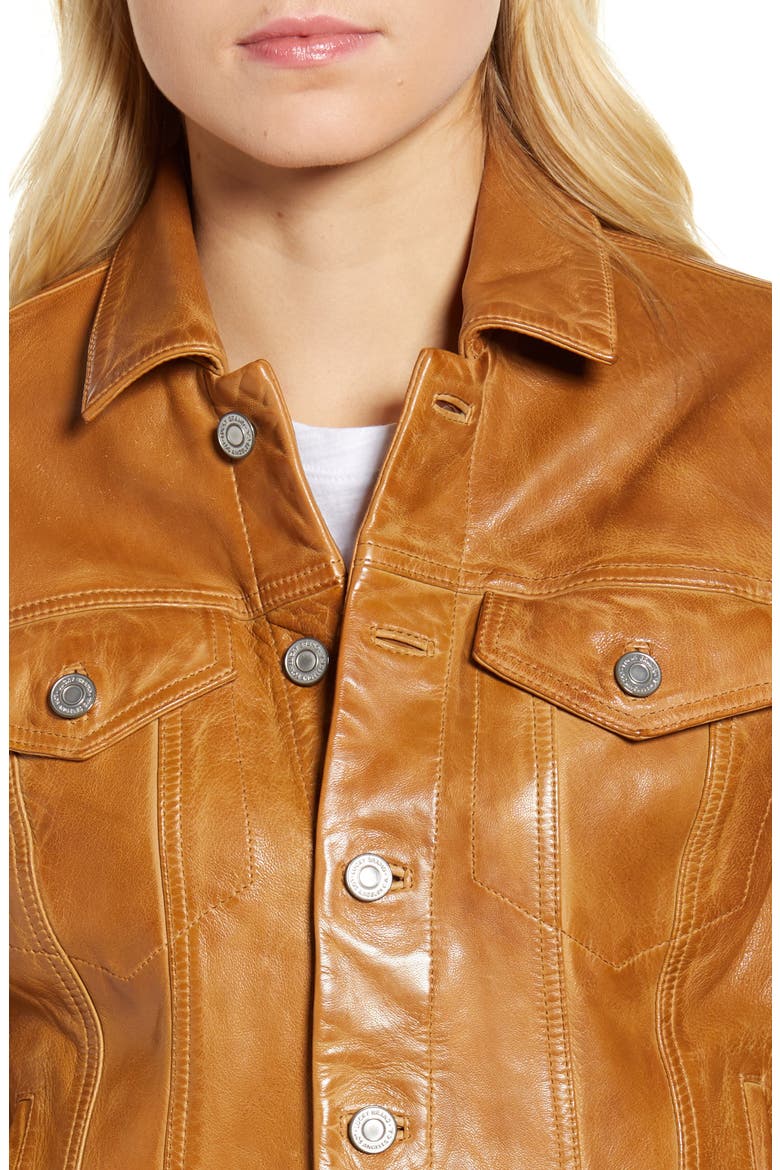 Leather Trucker Jacket, Alternate, color, COGNAC
