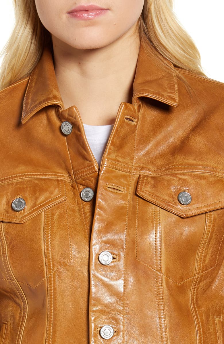 Lucky Brand Leather Trucker Jacket, Alternate, color, Cognac