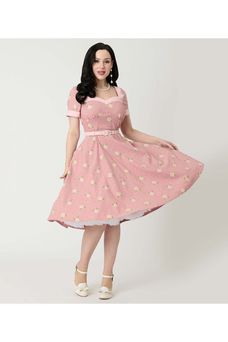 1950s Sweetheart Neckline Swing Dress, Main, color, Light Pink Roses Print