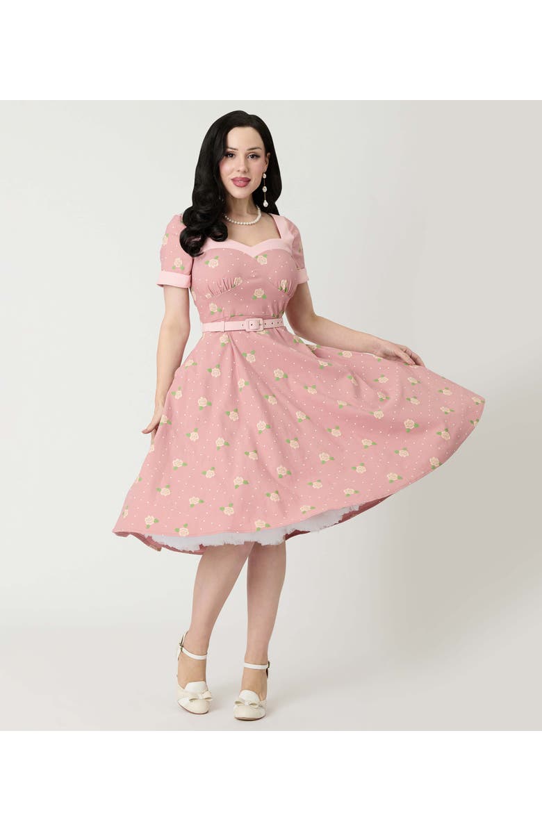 Unique Vintage 1950s Sweetheart Neckline Swing Dress, Main, color, Light Pink Roses Print