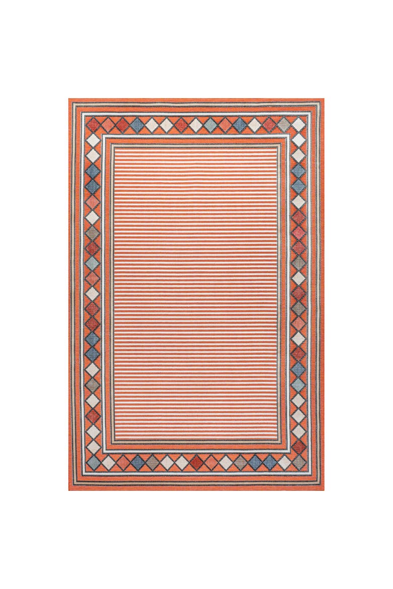 Sebastian High-Low Modern Diamond Border Indoor/Outdoor Area Rug, Main, color, Orange/Ivory