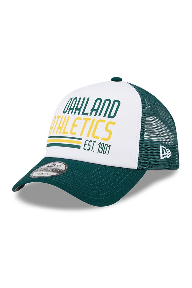 Men's New Era White/Green Oakland Athletics Stacked A-Frame Trucker 9FORTY Adjustable Hat, Main, color, White
