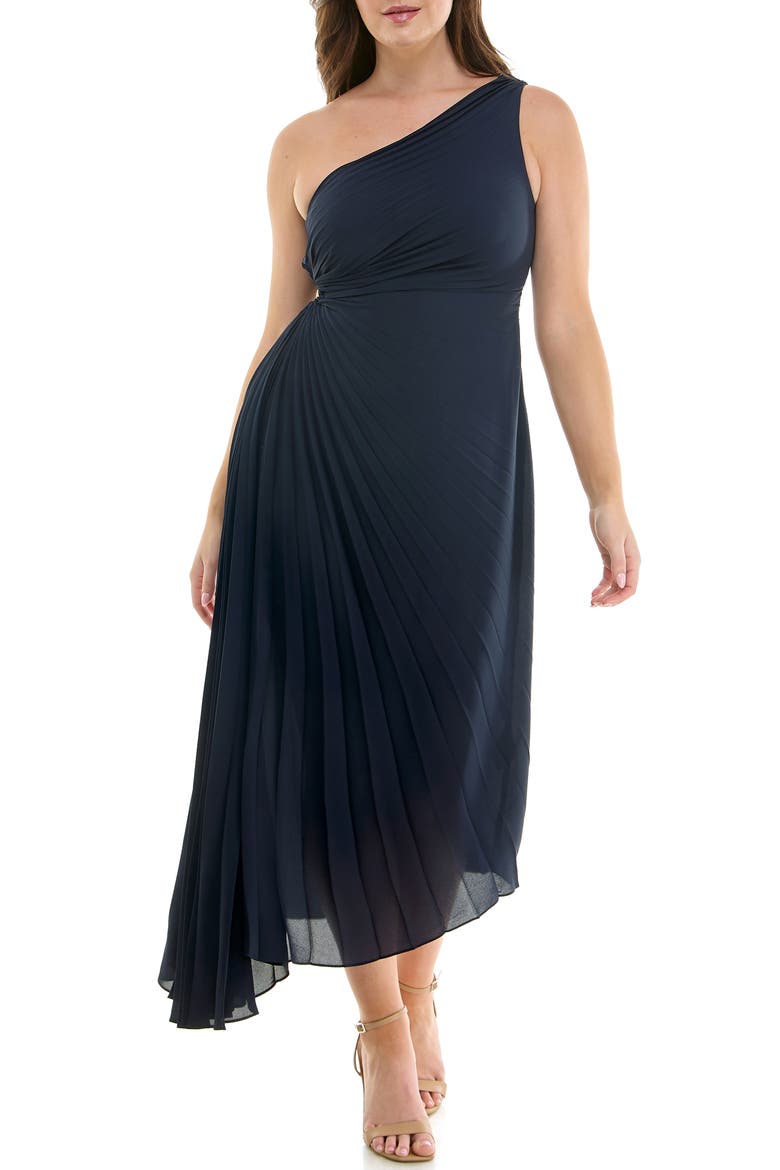 One Shoulder Pleat Midi Dress, Main, color, DEEP NAVY