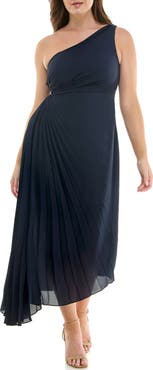 Nicole Miller One Shoulder Pleat Midi Dress