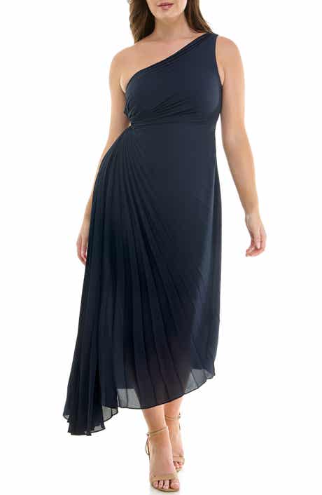 Nicole Miller One Shoulder Pleat Midi Dress