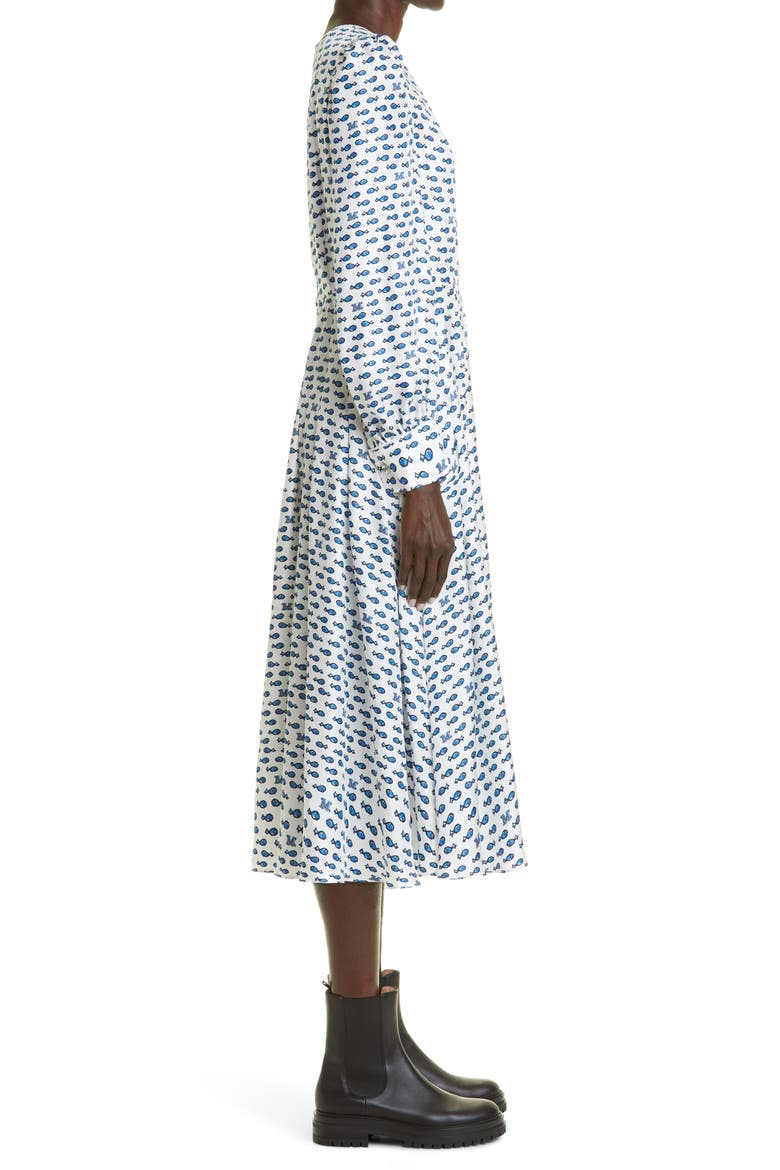 Pareo Fish Print Long Sleeve Silk Fit & Flare Dress, Alternate, color, OPTICAL WHITE