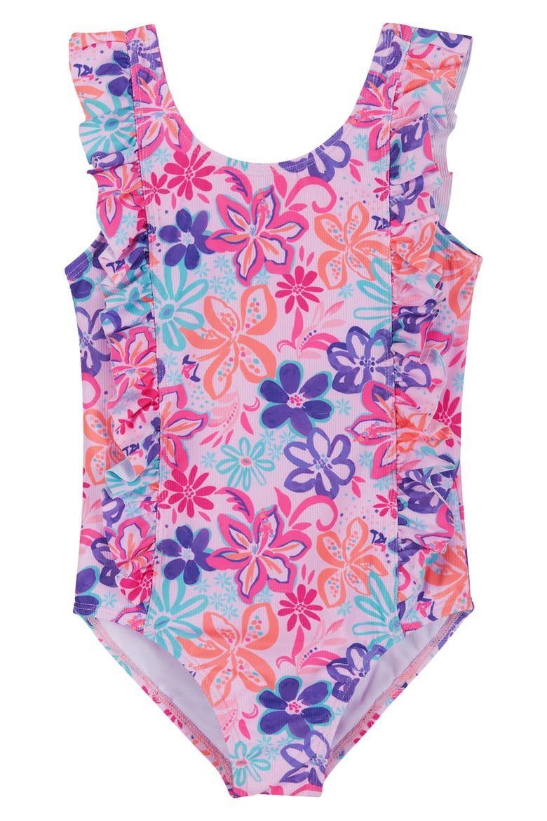 Kids' Beach Icon Ruffle One-Piece Swimsuit, Main, color, PURPLE TROPIC