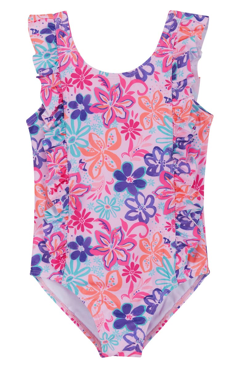 Andy & Evan Kids' Beach Icon Ruffle One-Piece Swimsuit, Main, color, Purple Tropic
