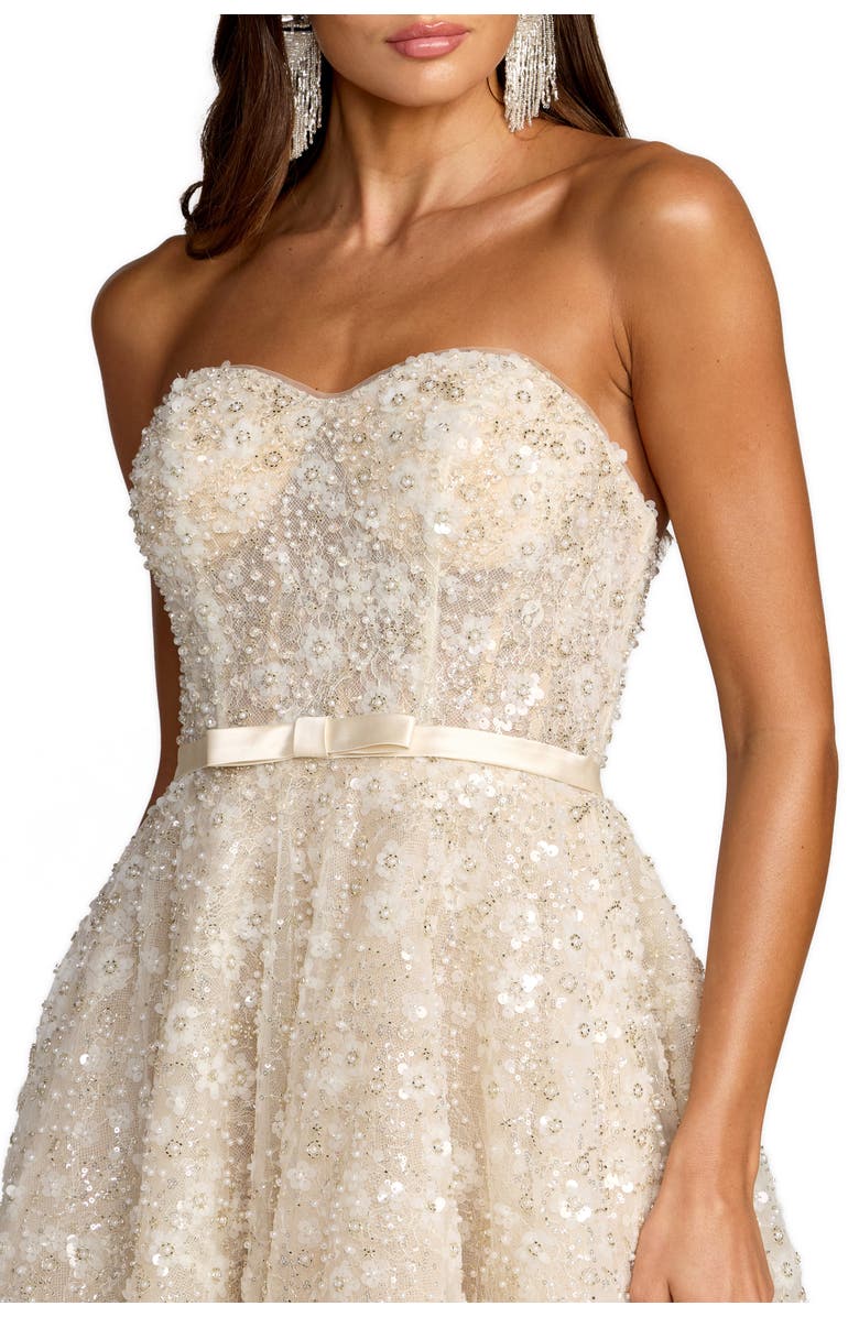 Mac Duggal Sequin Floral Strapless A Line Midi Dress, Alternate, color, Oyster