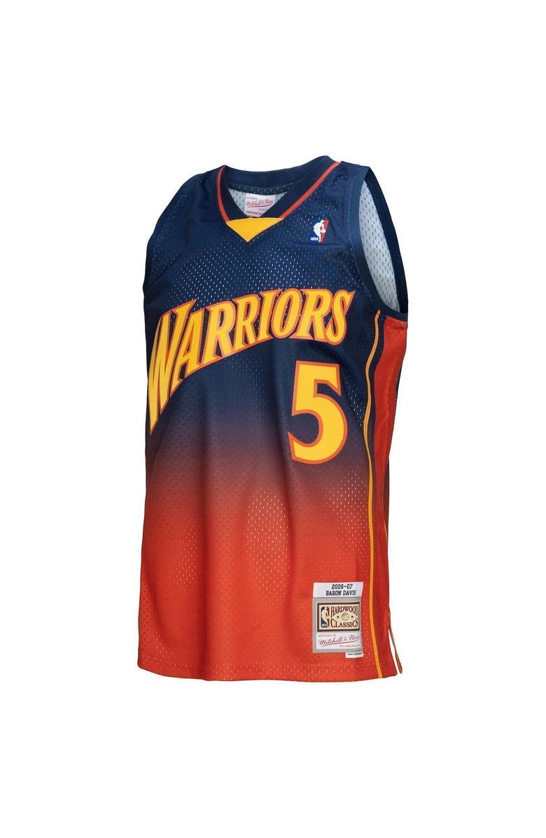 Mitchell & Ness Men's Mitchell & Ness Baron Davis Navy/Orange Golden State Warriors 2006/07 Hardwood Classics Fadeaway Swingman Player Jersey, Alternate, color, 