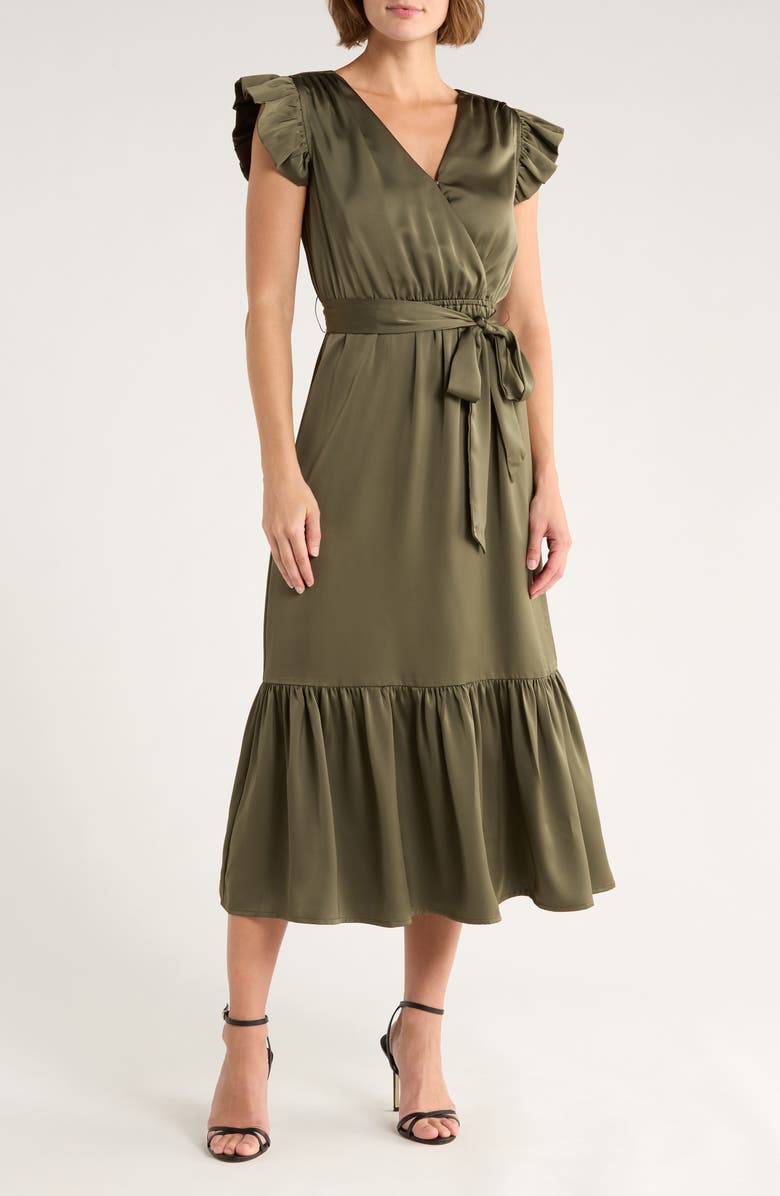 Sam Edelman Cap Sleeve Faux Wrap Maxi Dress, Main, color, Loden