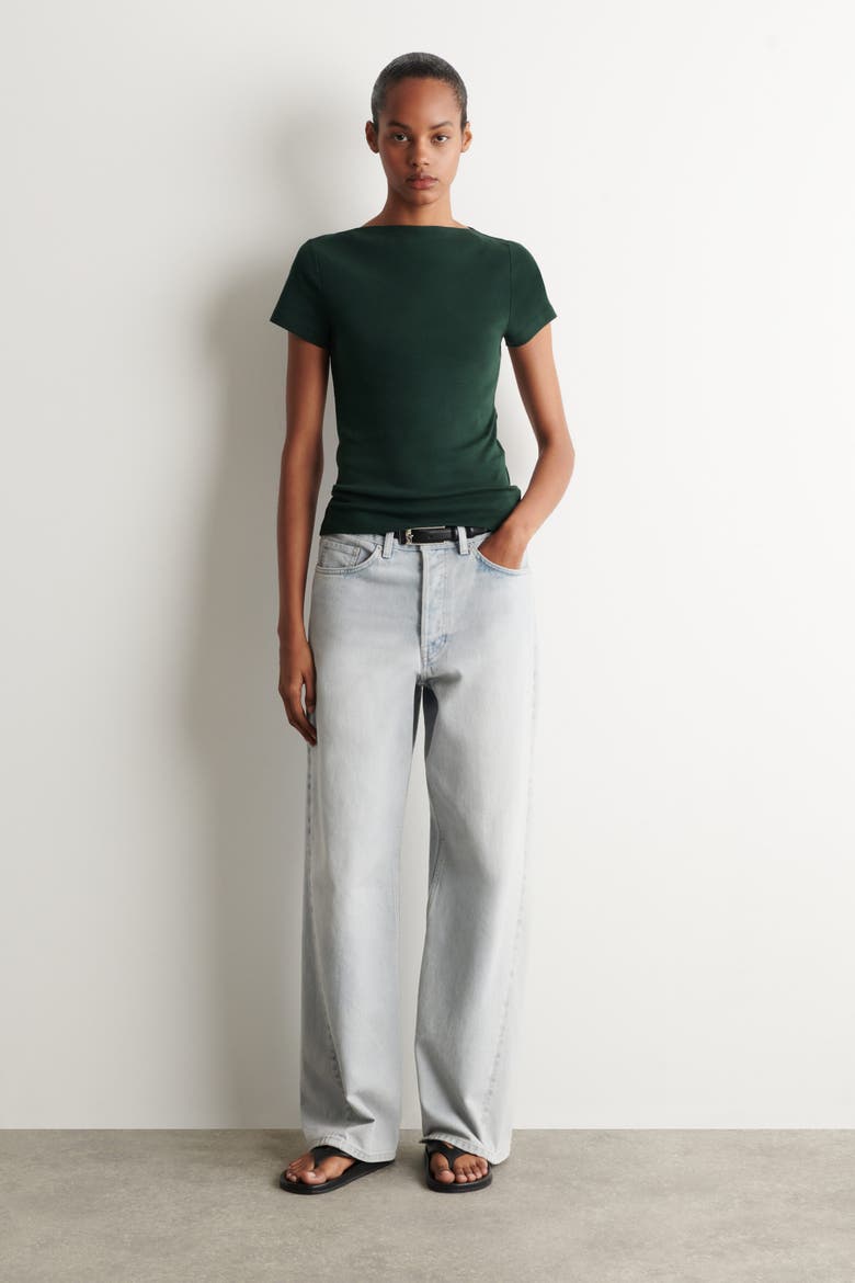 Slim Boat-neck Cotton T-shirt, Alternate, color, DARK GREEN