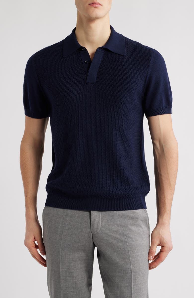 Canali Short Sleeve Ribbed Cotton & Modal Polo Sweater, Main, color, Navy